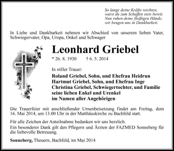Traueranzeige von Leonhard Griebel von Südthüringer Presse