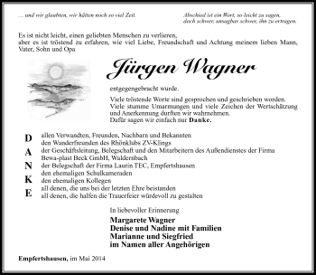 Traueranzeige von Jürgen Wagner von Südthüringer Presse