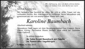Traueranzeige von Karoline Baumbach von Südthüringer Presse