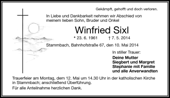 Traueranzeige von Winfried Sixl von Frankenpost