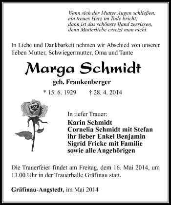 Traueranzeige von Marga Schmidt von Südthüringer Presse