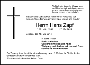 Traueranzeige von Hans Zapf von Frankenpost