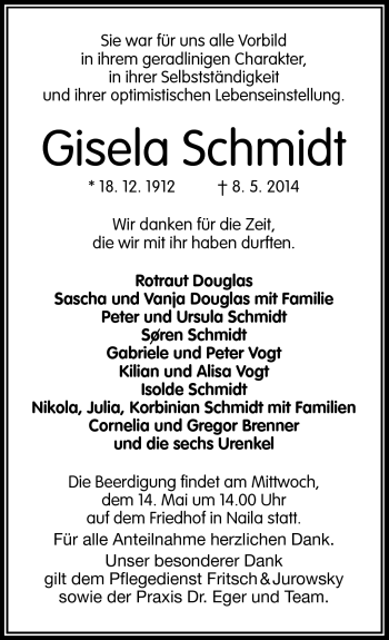 Traueranzeige von Gisela Schmidt von Frankenpost