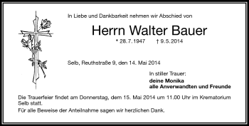 Traueranzeige von Walter Bauer von Frankenpost