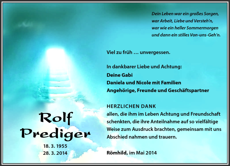  Traueranzeige für Rolf Prediger vom 10.05.2014 aus Südthüringer Presse
