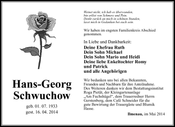 Traueranzeige von Hans-Georg Schwuchow von Südthüringer Presse