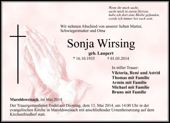 Traueranzeige von Sonja Wirsing von Neue Presse Coburg