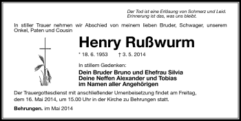 Traueranzeige von Henry Rußwurm von Südthüringer Presse