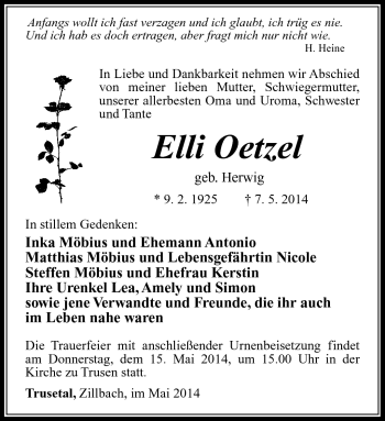 Traueranzeige von Elli Oetzel von Südthüringer Presse