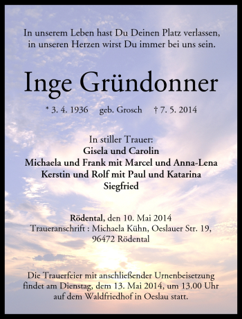 Traueranzeige von Inge Gründonner von Neue Presse Coburg