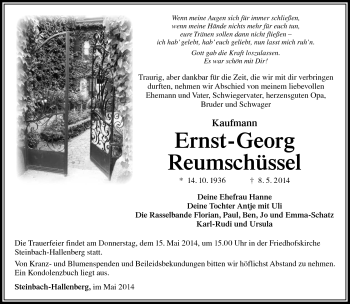 Traueranzeige von Ernst-Georg Reumschüssel von Südthüringer Presse