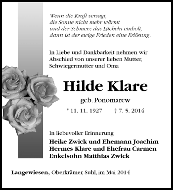Traueranzeige von Hilde Klare von Südthüringer Presse