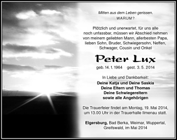 Traueranzeige von Peter Lux von Südthüringer Presse
