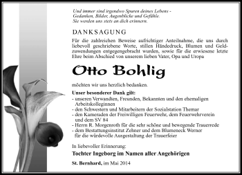 Traueranzeige von Otto Bohlig von Südthüringer Presse