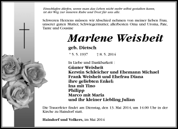 Traueranzeige von Marlene Weisheit von Südthüringer Presse