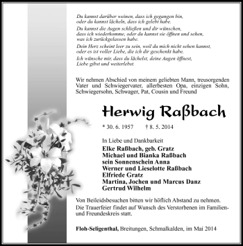 Traueranzeige von Herwig Raßbach von Südthüringer Presse