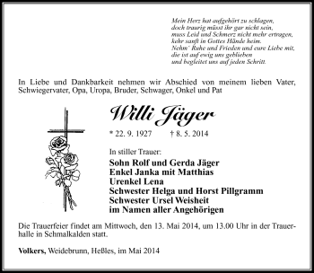 Traueranzeige von Willi Jäger von Südthüringer Presse