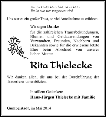 Traueranzeige von Rita Thielecke von Südthüringer Presse