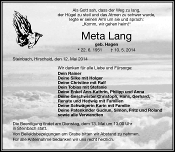 Traueranzeige von Meta Lang von Frankenpost