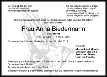Traueranzeige von Anna Biedermann von Frankenpost