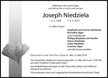 Traueranzeige von Joseph Niedziela von Neue Presse Coburg