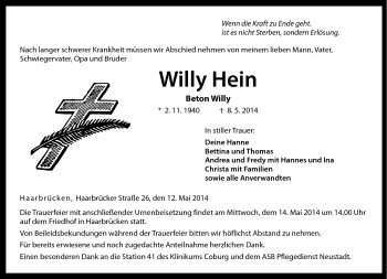 Traueranzeige von Willy Hein von Neue Presse Coburg