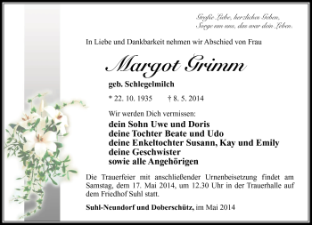 Traueranzeige von Margot Grimm von Südthüringer Presse