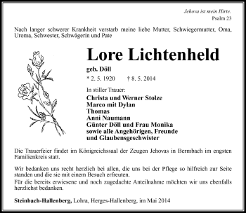 Traueranzeige von Lore Lichtenheld von Südthüringer Presse