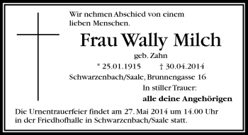 Traueranzeige von Wally Milch von Frankenpost