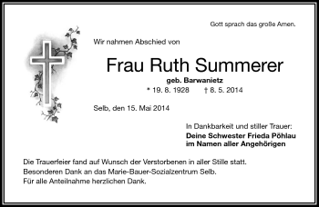 Traueranzeige von Ruth Summerer von Frankenpost
