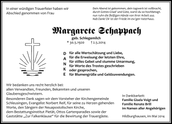 Traueranzeige von Margarete Schappach von Südthüringer Presse