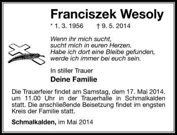 Traueranzeige von Franciszek Wesoly von Südthüringer Presse