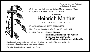 Traueranzeige von Heinrich Martius von Frankenpost