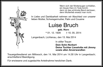 Traueranzeige von Luise Bruch von Frankenpost