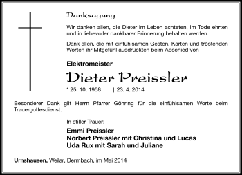 Traueranzeige von Dieter Preissler von Südthüringer Presse
