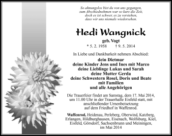 Traueranzeige von Hedi Wangnick von Südthüringer Presse