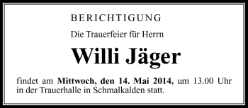 Traueranzeige von Willi Jäger von Südthüringer Presse