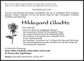 Traueranzeige von Hildegard Gladitz von Südthüringer Presse