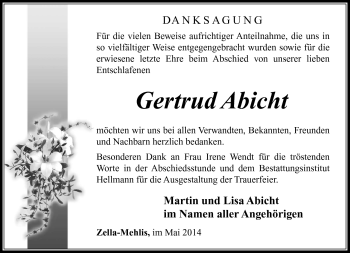 Traueranzeige von Gertrud Abicht von Südthüringer Presse