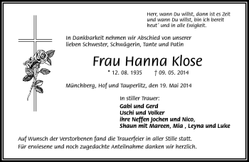Traueranzeige von Hanna Klose von Frankenpost