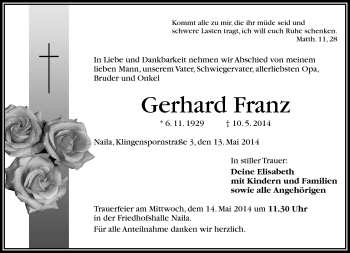 Traueranzeige von Gerhard Franz von Frankenpost