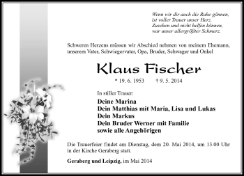 Traueranzeige von Klaus Fischer von Südthüringer Presse