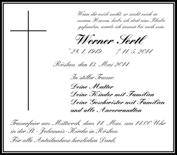 Traueranzeige von Werner Sertl von Frankenpost