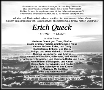 Traueranzeige von Erich Queck von Südthüringer Presse