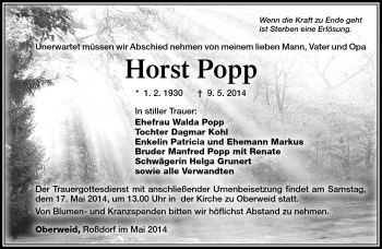 Traueranzeige von Horst Popp von Südthüringer Presse