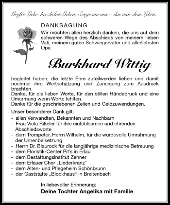Traueranzeige von Burkhard Wittig von Südthüringer Presse