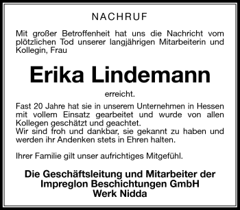 Traueranzeige von Erika Llindemann von Südthüringer Presse