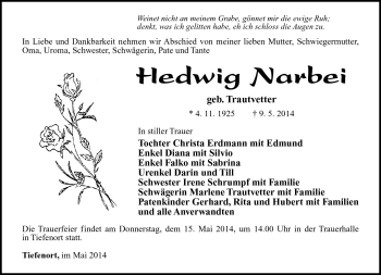 Traueranzeige von Hedwig Narbei von Südthüringer Presse