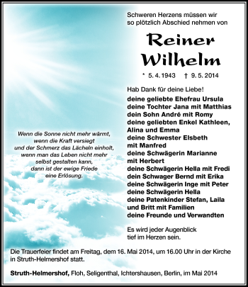 Traueranzeige von Reiner Wilhelm von Südthüringer Presse