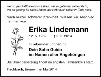 Traueranzeige von Erika Lindemann von Südthüringer Presse